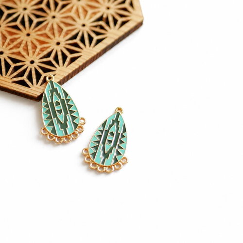 2 connecteurs émaillés turquoise 28x18 mm, breloques bohème géométriques, apprêts bijoux diy, pendentifs dorés