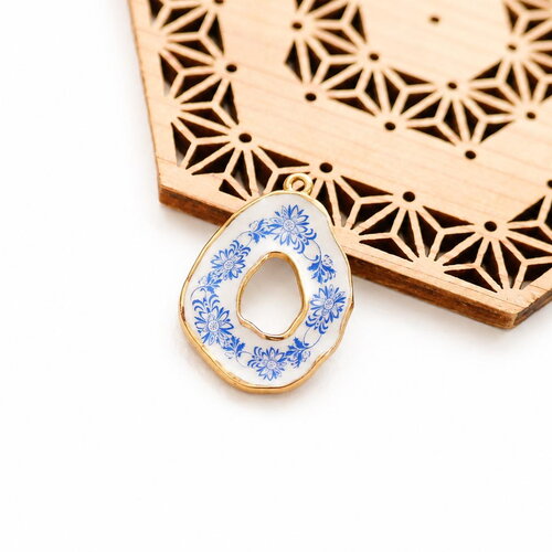 Pendentif goutte émaillé bleu et blanc, breloque fleur style porcelaine, acier inoxydable 304 plaqué or 18k ip, 34x25mm