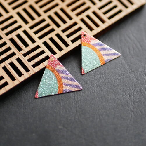 X2 breloque triangle à motif bleu, orange, doré 19x22mm