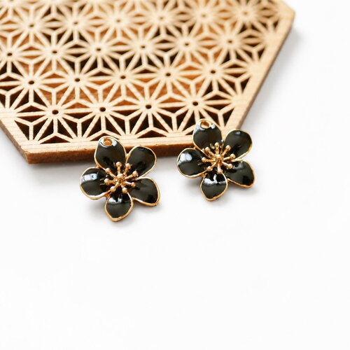 2 pendentifs fleur camélia en émail noir et doré, breloque émail noir, 24mm