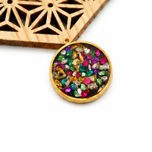 Pendentif rond en acier inoxydable 304 doré avec résine époxy à paillettes, 20x22mm. perle disco pailleté.