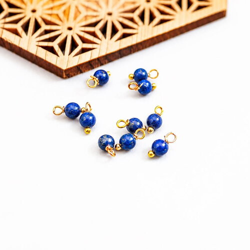 10 breloques rondes en pierre naturelle , lapis lazuli bleu et doré, grelots doré, 4x8mm