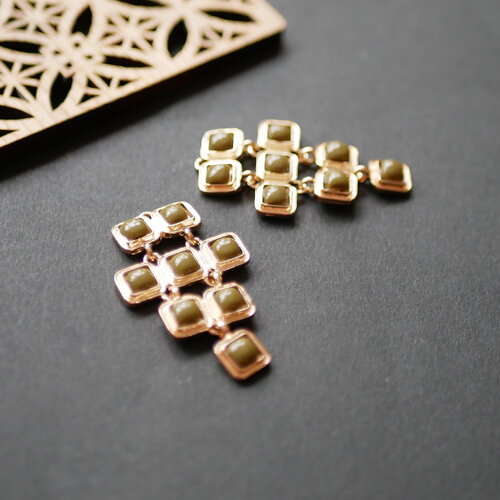 X2 pendentif doré et cabochons en résine vert kaki, pendentif chandelier style art deco,pendentif géométrique, plastron pour collier.27x45mm