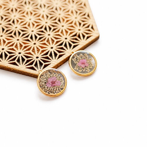 X2 breloque de fleurs séchées rose et doré, pendentif rond fleur naturelle rose, breloque fleur pour mariage, 20mm