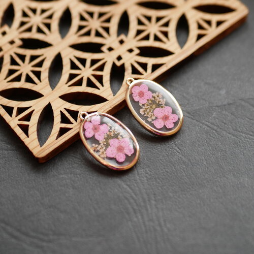 X2 breloque fleur séchée, pendentif ovale fleur naturelle rose, breloque fleur pour mariage, 15x25mm