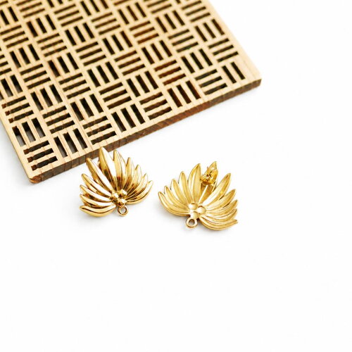 Boucles d'oreilles doré feuille éventail 28x25 mm en acier inoxydable. clous d'oreilles puces style tropical art déco