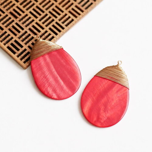 X2 pendentif goutte nacre rouge et laiton doré 35x55 mm, fourniture bijoux bohème, pendentif nacre naturelle, apprêts bijoux diy
