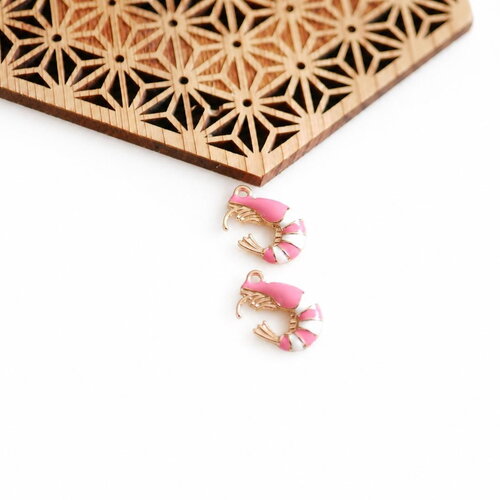 2 breloques crevette rose émaillée 11x17 mm, pendentifs crustacé marin doré