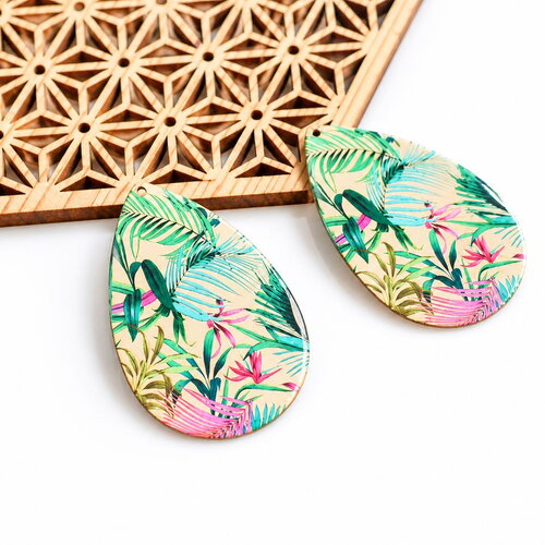 Pendentifs bohèmes imprimés tropicaux 28x42 mm. gouttes feuillage exotique fournitures bijoux. lot de 2