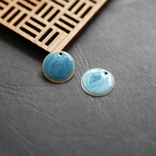 2 breloques en émail bleu irisé et doré, pendentif rond bleu, perles bleues irisées , 15mm