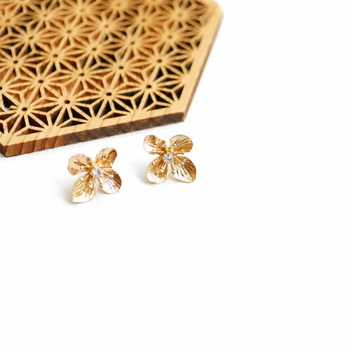 Boucles d'oreilles fleurs doré et strass transparent, puces d'oreilles, boucles d'oreilles à clous, 17x18mm, 1 paire