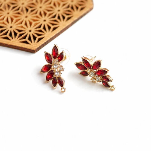 Boucles d’oreilles fleurs en verre strass rouge doré. fournitures création bijoux. 17x30mm