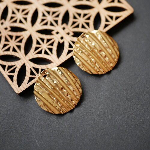 2 pendentifs ronds en acier inoxydable 304. 30mm. style art déco doré