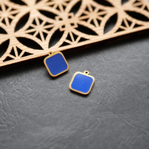 X2 pendentifs carrés émaillés en acier inoxydable 304. doré et bleu. 11x13mm