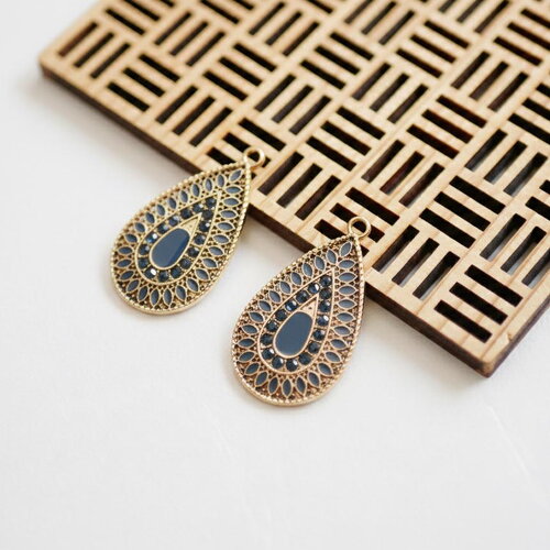 X2 pendentif doré et émail bleu, perles bleues, pendentif goutte doré et émail bleu, 18x32mm