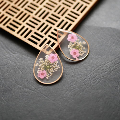 X2 breloque de fleurs séchées, pendentif goutte fleur naturelle rose, breloque fleur pour mariage, 22x32mm