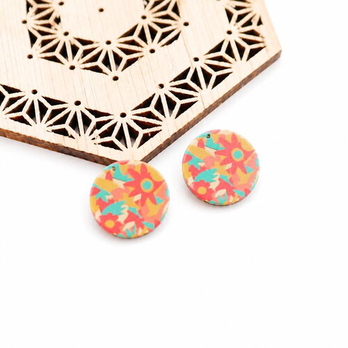 2 breloques rondes fleuris 20mm. pendentifs imprimés bohèmes pour boucles d’oreilles et bijoux diy