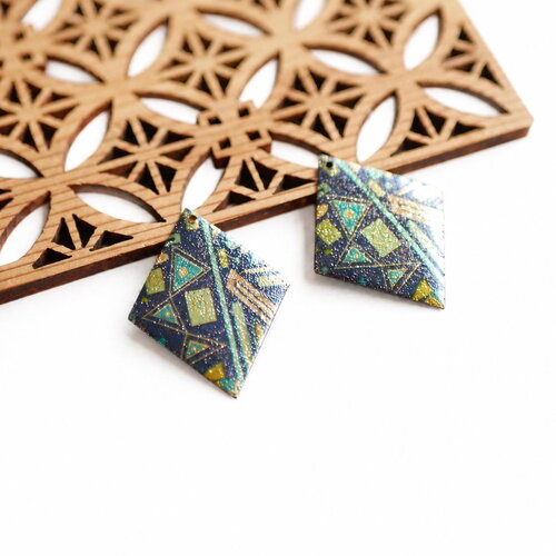X2 pendentif losange imprimé géométrique bleu vert et doré, fournitures de bijoux psychédélique rétro, sequin losange, 25x32mm