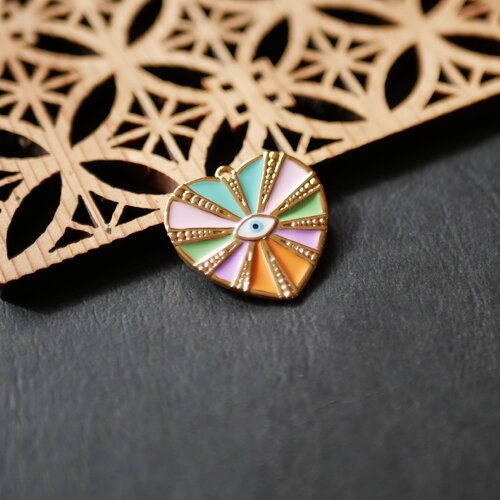 Pendentif coeur émaillé en acier inoxydable 304 doré, breloque coeur en émail coloré avec un mauvais oeil. breloque chic pour bijoux,23x24mm