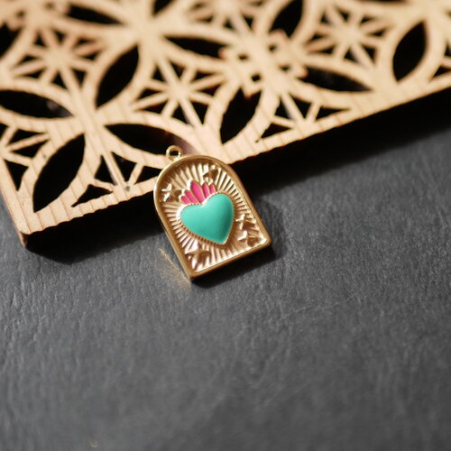 Pendentif rectangle émaillé en acier inoxydable 304 doré, breloque en émail bleu avec un coeur sacré. breloque chic pour bijoux, 14x21mm