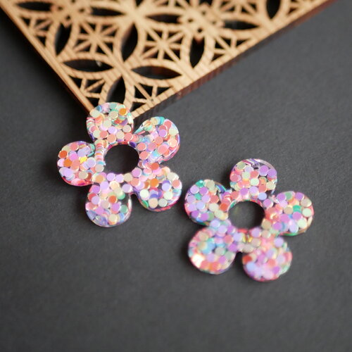X2 pendentifs en acrylique en forme de fleur multicolore à paillette, fleur marguerite en résine, 36mm