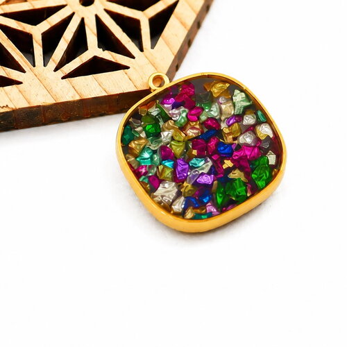 Pendentif carré en acier inoxydable 304 doré avec résine époxy à paillettes, 20x22mm. perle disco pailleté.
