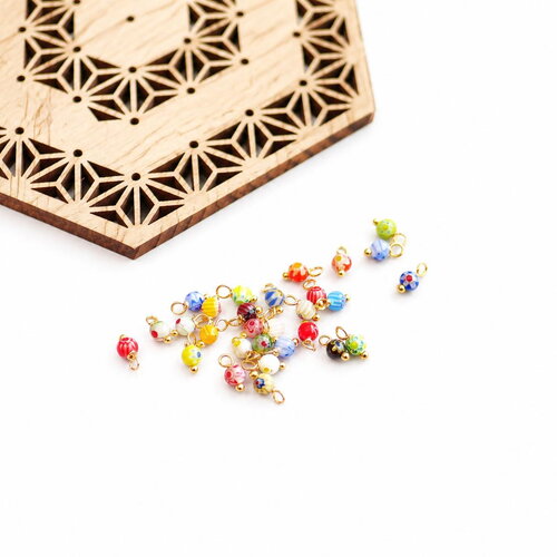 40 perles rondes millefiori en verre 4x8 mm grelot doré. breloques colorées, perles fleur artisanales, fournitures bijoux diy