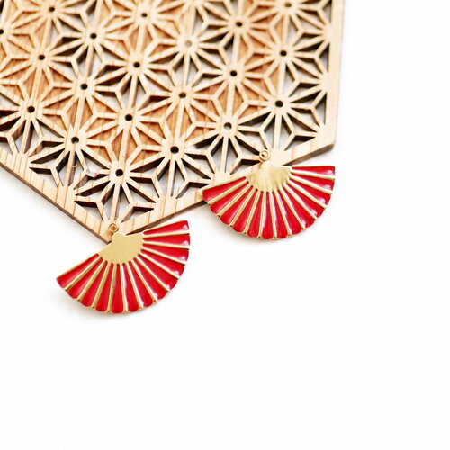 Pendentifs éventail rouge émaillé 19x31mm en acier inoxydable 304 doré ip. breloques éventail japonais pour créations de bijoux, lot de 2