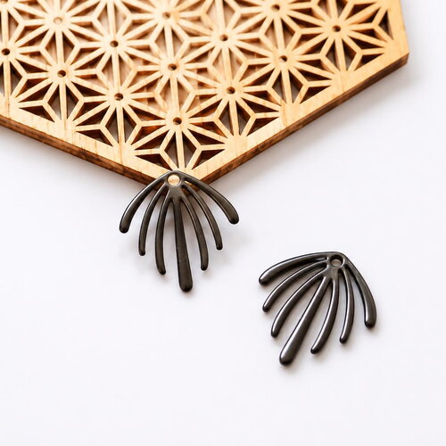 Pendentif émail noir 22x20mm, lot de 2 breloques éventail, connecteur palmette pour boucles d'oreilles, fournitures création bijoux