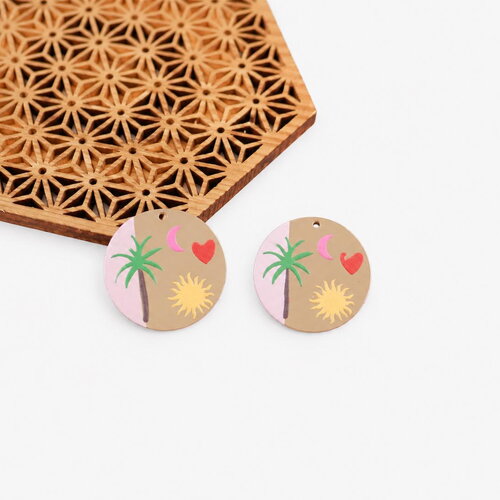 2 pendentifs ronds 25mm palmier soleil lune cœur. breloques bohème tropicales pastel. fournitures bijoux diy