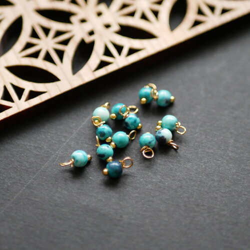20 perles rondes en jade bleu turquoise et doré 4x8mm, breloques grelots doré, cloche zen, clochette pour chapelet bleu, 4x8mm