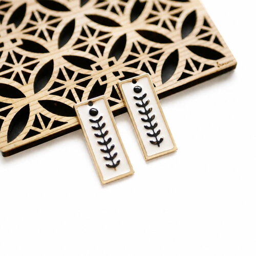 X2 pendentif rectangle doré imprimé feuille blanc et noir, pendentif en métal acier recyclé, pendentif feuille doré, 13x31mm