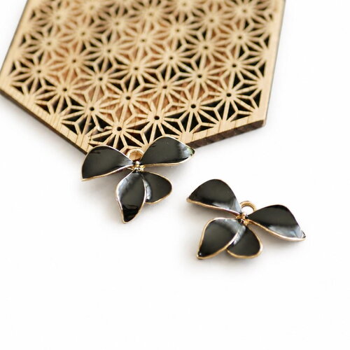 2 pendentifs fleur d'orchidée noire, bijou orchidée noir émaillé, breloque émail noir, 26x40mm