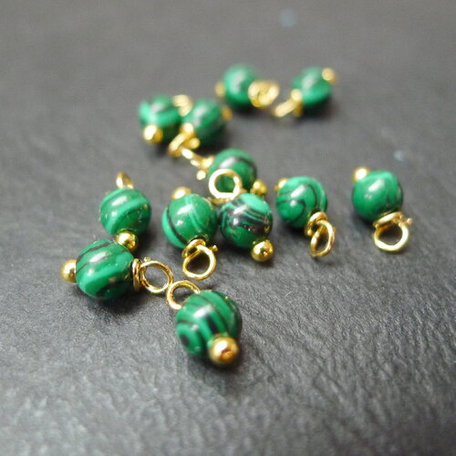 X10 perle ronde vert malachite, pendentif grelot doré, petite perle malachite vert rayée, 4x8mm