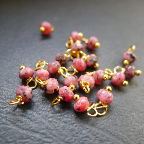 20 perles rondes à facettes en jade rose framboise et doré 4x8mm
