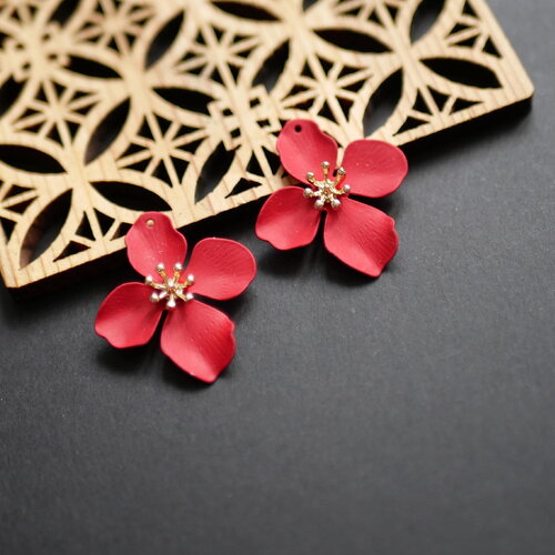2 pendentifs en forme de grande fleur rouge, fourniture pour bijoux en forme de fleur,breloque fleur vintage,couleur rouge,28x32mm