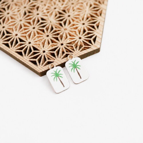 2 pendentifs rectangles 11x20mm palmier vert fond blanc et doré. breloques bohème tropicales. fournitures bijoux diy