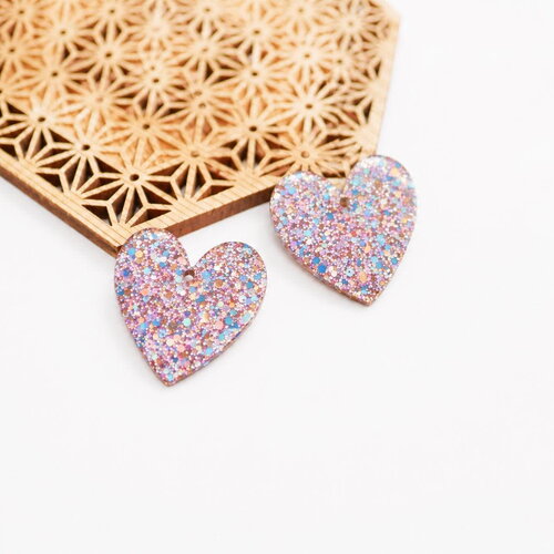 2 pendentifs coeurs 30mm pailletés multicolores. breloques glitter bohème. fournitures bijoux diy