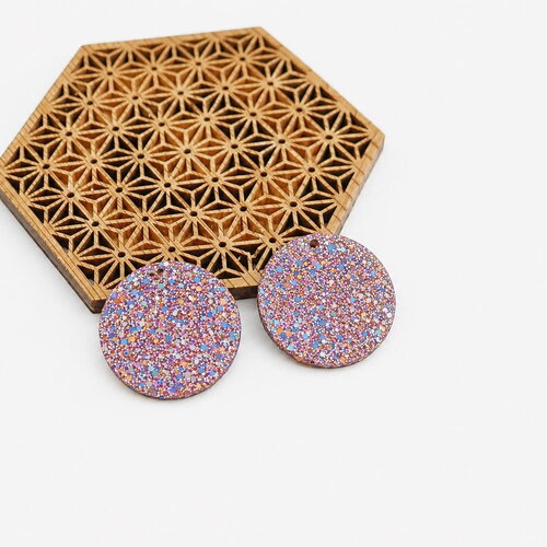 2 pendentifs ronds 33mm pailletés multicolores. breloques glitter bohème. fournitures bijoux diy