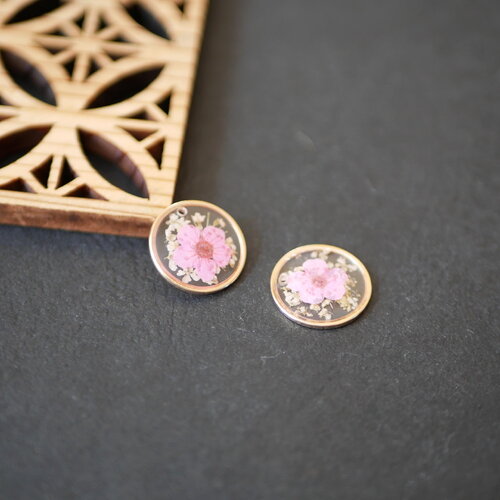 X2 breloque de fleurs séchées rose et doré, pendentif rond fleur naturelle rose, breloque fleur pour mariage, 14mm