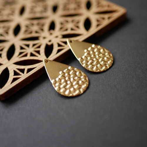 X2 pendentif goutte martelé en acier inoxydable 304, fourniture bijou en acier inoxydable 304, grand pendentif doré, 17x30mm