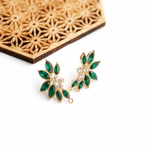 Boucles d’oreilles fleurs en verre strass vert doré. fournitures création bijoux. 17x30mm