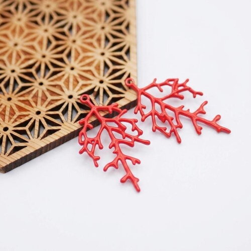 Pendentifs branche de corail doré émaillé rouge. lot de 2 breloques océan 25x45 mm. bijoux inspiration marine