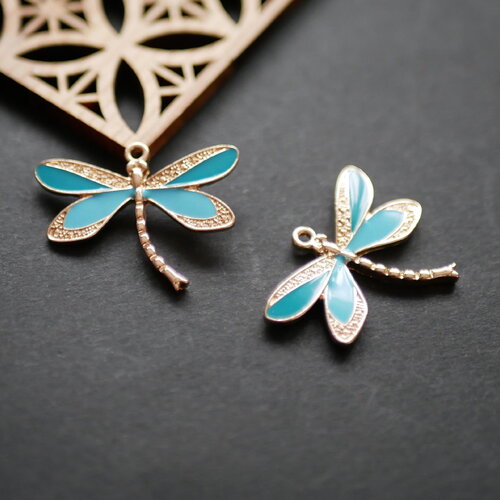 X2 breloque libellule en émail bleu et doré, pendentif amulette petit insecte, 28x35mm