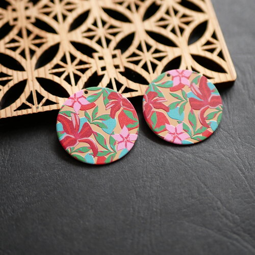 X2 breloques imprimé fleurs rouge vert et doré, fournitures de bijoux psychédélique rétro, sequin rond, 23mm