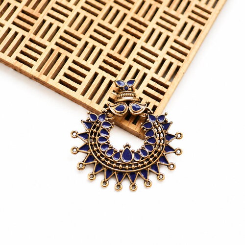 Pendentif bohème bleu lapis 50 mm doré. connecteur éventail ethnique chic. fourniture bijoux créateur. breloque plastron orientale