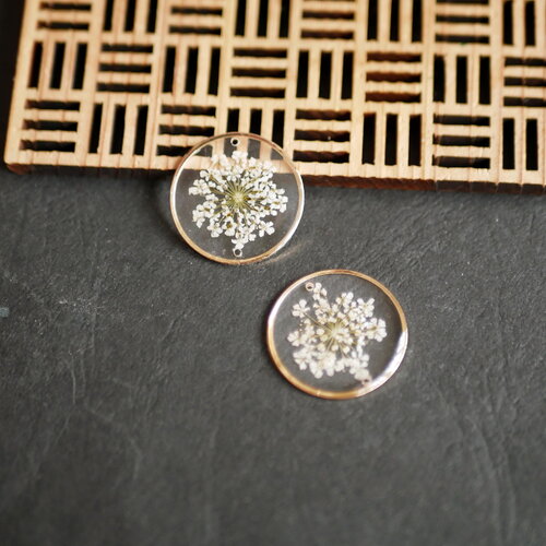 X2 pendentif connecteur fleurs séchées blanc et doré, pendentif rond fleur naturelle, breloque fleur pour mariage, 22mm