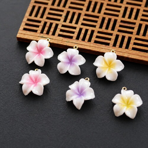 6 breloques fleurs frangipanier 17x20mm, pendentif acrylique pastel, pendentifs fleurs plumeria, fournitures bijoux diy