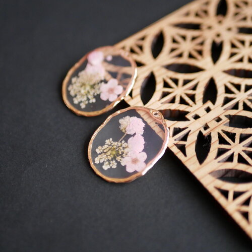 X2 breloque fleur séchée, pendentif ovale fleur naturelle rose, breloque fleur pour mariage, 25x30mm