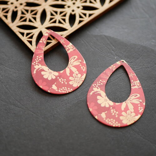X2 pendentif goutte imprimé fleurs rouge et doré, pendentif en métal acier recyclé, pendentif fleur rouge, plaque métal doré, 38x50mm